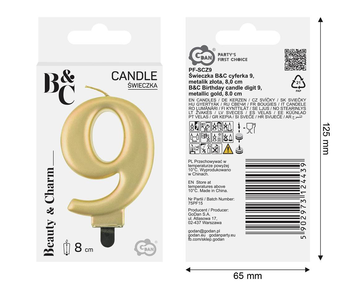 Birthday candle digit 9, metallic gold,  8.0 cm